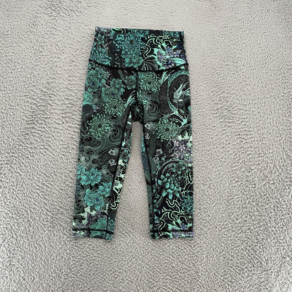 Lululemon Capri Leggings Womens 4‎ High Rise Green Floral Print Crop Yoga Gym